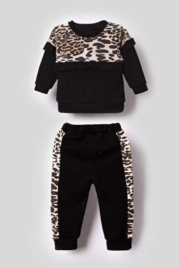 Bubito Leopard Detailed Ruffled Baby Girl Child Bottom Top 2-Piece Set-Black