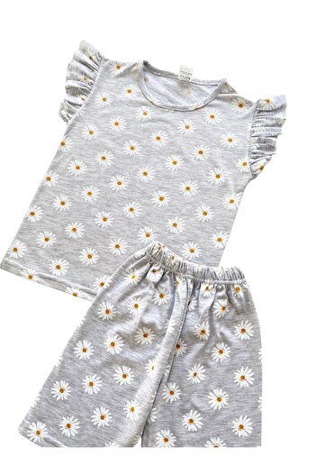 Şekerkids Girl's Cotton Gray Color Daisy Patterned Short Sleeve Summer Shorts Pajama Set