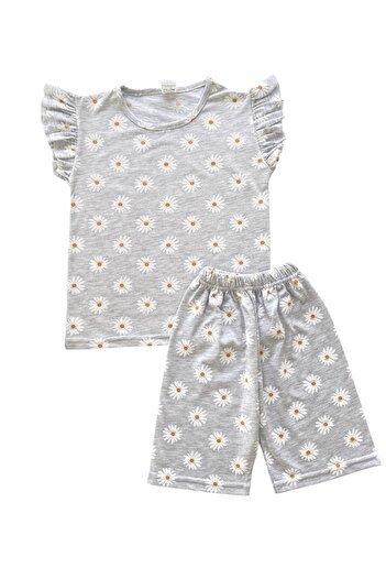 Şekerkids Girl's Cotton Gray Color Daisy Patterned Short Sleeve Summer Shorts Pajama Set