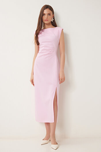 Happiness İstanbul Rosa wattiertes drapiertes Midi-Webkleid für Damen WF00101