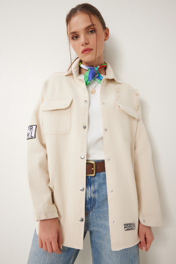 Happiness İstanbul Women's Cream Ripped Detailed Gabardine Shirt Jacket Sa00035
