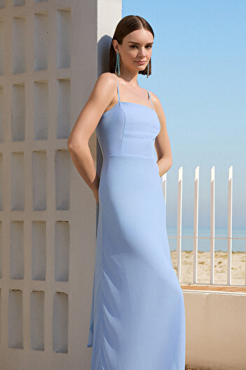 Trendyol Collection Světle modrá A-Line Mašle Podšitý šifon Dlouhý let Let Elegantní večerní šaty Šaty pro návrat domů TPRSS25AE00152