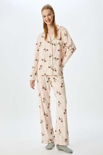Koton Shirt Collar Button Pocket Dog Pattern Fleece Pajamas Top