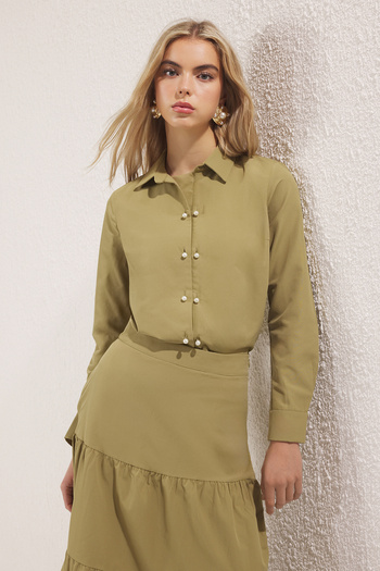 Trendyol Modest Khaki Button Detailed Cotton Shirt Skirt Woven Bottom-Top Suit Tctss25Us00019