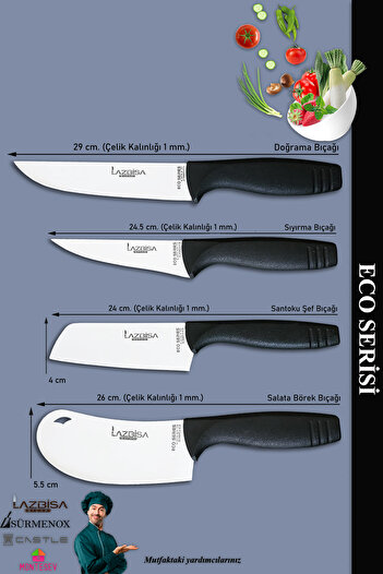 LAZBİSA Eco Serisi Mutfak Bıçak Seti Et Ekmek Sebze Salata Pizza Börek Pide Şef Bıçağı 4 Lü Set ( Mft-7541)
