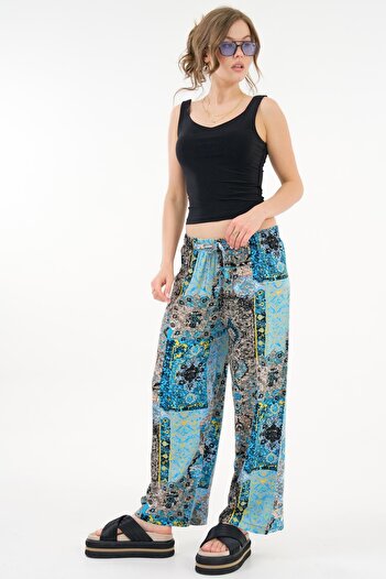 Saade Blue Patterned Elastic Waist Binding Detailed Woven Viscose Palazzo