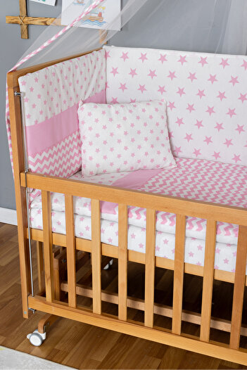 Bamgidoo Ahşap Anne Yanı Bebek Beşiği Vernikli 70x130-pembe Yıldız 1 Yastıklı Uyku Seti Yataklı Tekerlekli