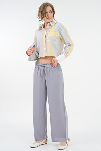Saade Gray Patterned Elastic Waist Binding Detailed Woven Viscose Palazzo