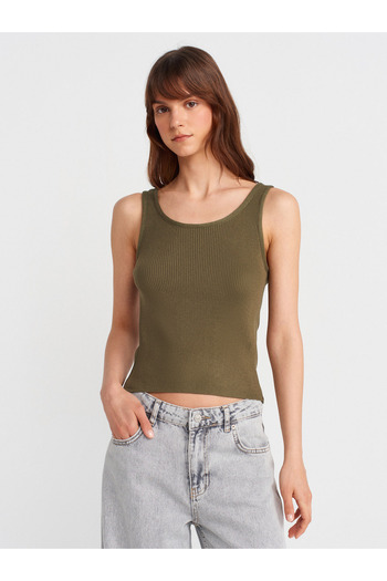 Dilvin 10748 Strappy Corded Fine Textured Knitwear Blouse-Khaki