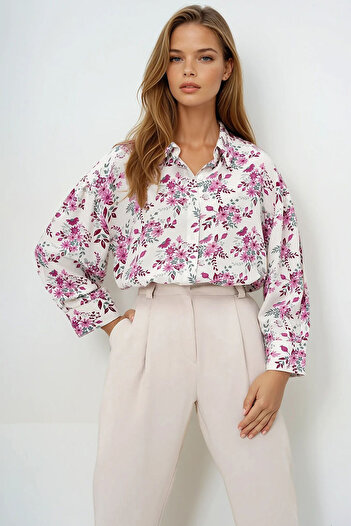 VAGGON Women's Pink Floral Balloon Sleeve Patterned Printed Viscon Woven Shirt Prm0722