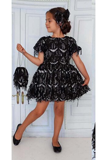 Riccotarz Girl's Sequined Embroidered Tasseled Shiny Black Dress
