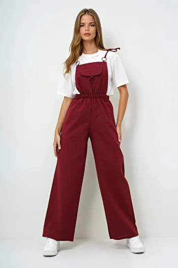VAGGON Women's Burgundy Front Pocket Strap Ring Detailed Aerobin Salopet Trousers Prmx13581