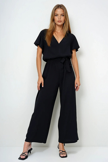 VAGGON Women's Black V-Neck Flared Sleeves Self Belted Woven Summer Jumpsuit Prmx13787