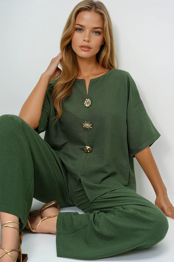 VAGGON Women's Khaki V-Neck Metal Gold Button Detailed Aerobin Blouse and Pants Bottom Top Set Prmx14122