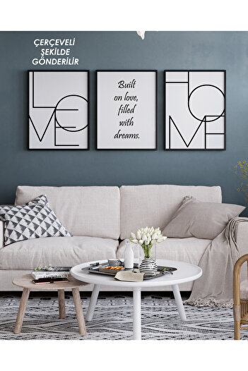 çınararthome LOVE & HOME Yazılı 3’lü Çerçeveli Poster Tablo Seti – Modern & Minimal Duvar Dekorasyonu