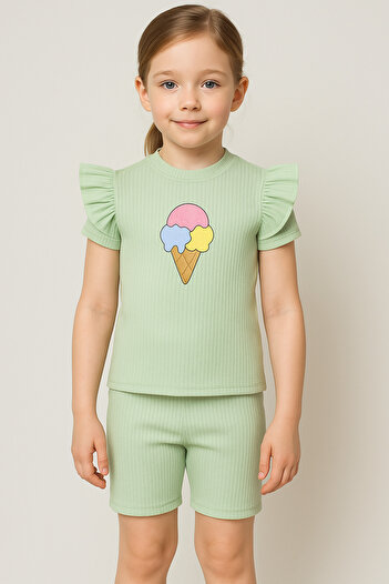 Bubito Green Cotton Baby Girl Shorts Set - Ice Cream Image and Embossed