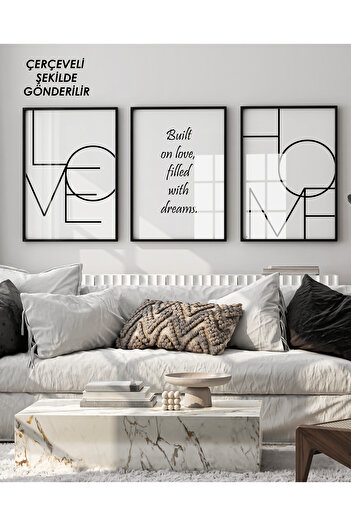çınararthome LOVE & HOME Yazılı 3’lü Çerçeveli Poster Tablo Seti – Modern & Minimal Duvar Dekorasyonu