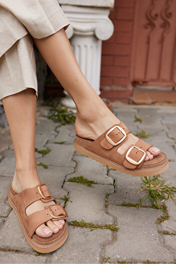 ANGELİNA JONES Vi̇ola Women's Camel Nubuck Real Leather Slippers