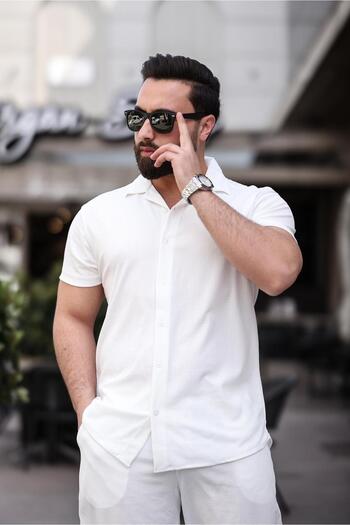 MFZ Giyim White Color Ottoman Fabric Slim Fit Men's Shorts - Shirt Bottom Top Set