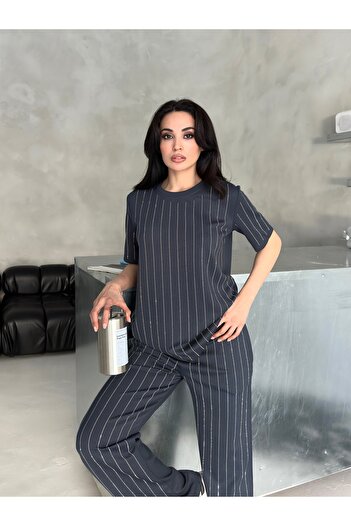 orjinal blue b Striped Stone Bottom Top Set