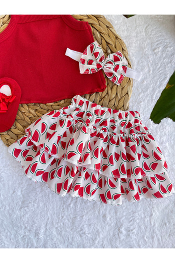 AKİF GİYİM Baby Girl & Child Fruit Patterned Watermelon Frill Skirt Crop Bandana Socks Set