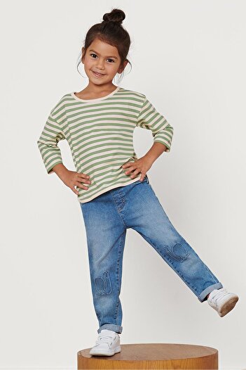 Tchibo Kids Girl Crew Neck Long Sleeves Stripped T-Shirt, Sage Green/White