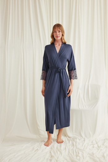BLACKMORE Monamise Women's Navy Blue Full Length Design Lace and Belted Cotton Dressing Gown