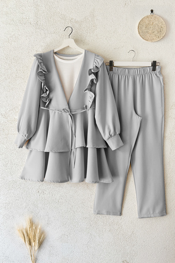 MODAQU Frilly Rope Belted Tunic Trousers Set - Gray
