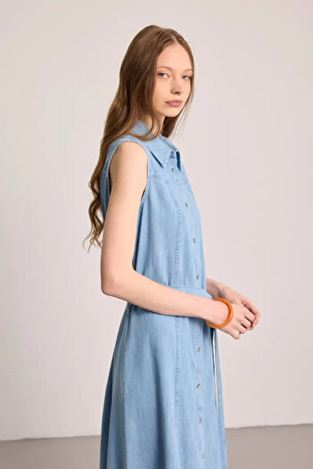 Gusto Denim Long Shirt Dress - Blue
