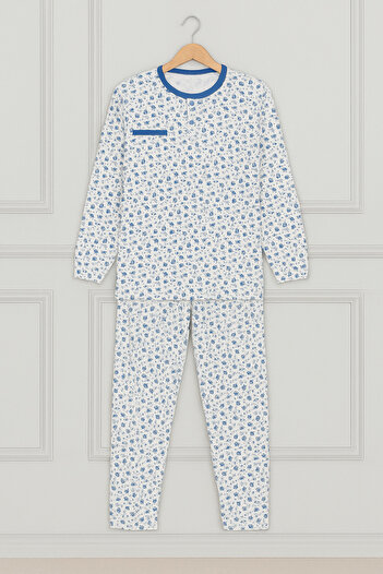 FATELLA Kadın Anne Uzun Kollu Mavi Çiçek Desenli Pamuklu Penye Pijama Takımı