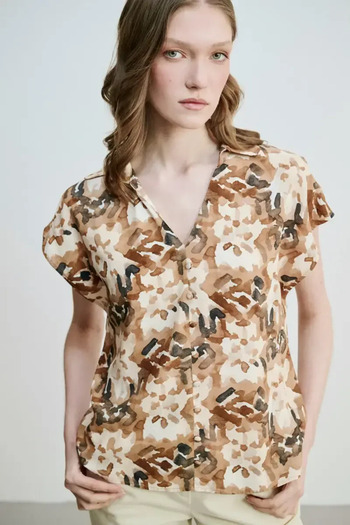 Gusto Low Sleeve Patterned Viscose Blouse - Brown
