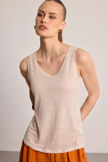 Gusto Round Neck Linen Undershirt - Beige