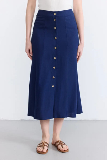 Gusto Buttoned Long Linen Skirt - Navy Blue