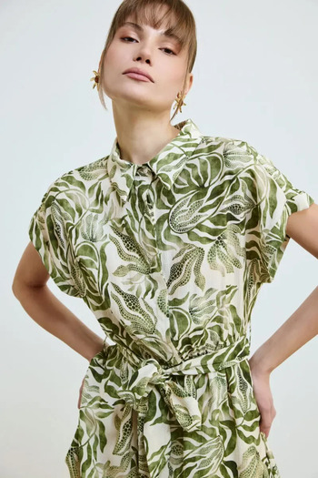Gusto Belted Short Sleeve Shirt Dress - Khaki