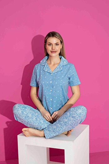 Tarık Anne Kız Kombin Kısa Kollu Gömlek Uzun Alt Likralı Penye Kumaş Orta Kalın Pijama Takımı-3023