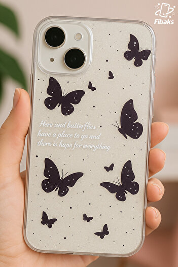 Fibaks Apple iPhone 14 Plus / 15 Plus Compatible Case Silvery Black Butterfly Pattern Colorful Shiny Shock Absorbing