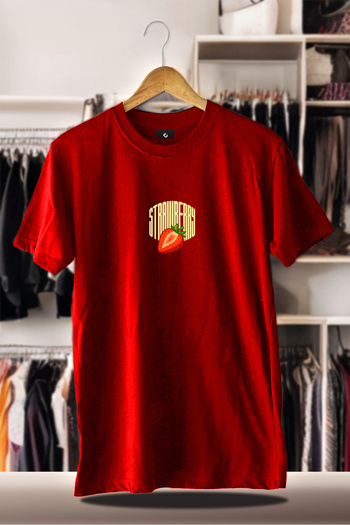 CC STORE Cotton Oversize Printed 3 Thread Raised Red T-Shirt |   Summer Strawberry Flavored