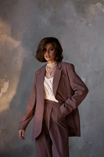 BOHEMAİ Ponte Brown Linen Blazer Jacket Set
