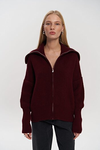 MAİ COLLECTİON Rafi Burgundy Zippered Knitwear Cardigan