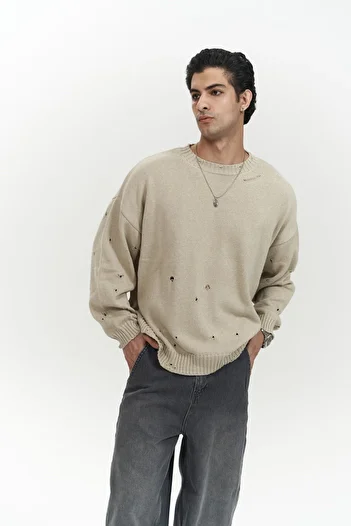 MAİ COLLECTİON Alec Ripped Detail Beige Men's Knitwear Sweater