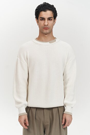 MAİ COLLECTİON Carter Double Collar Detailed Ecru Men's Knitwear Sweater