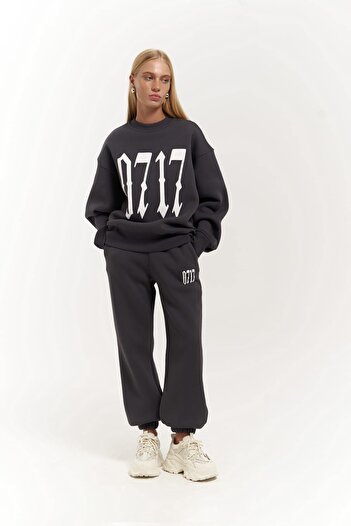 MAİ COLLECTİON Zeoy 0717 Anthracite Crew Neck Tracksuit Set