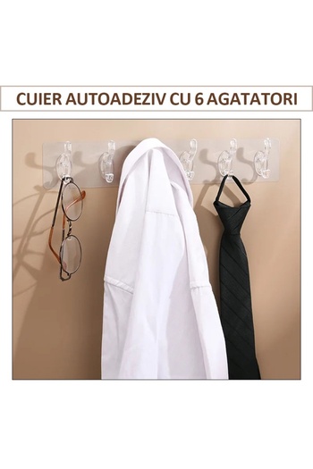 NEXTLY Set of 2 Self-Adhesive Hangers with 6 Hooks, for Bathroom/Hallway/Kitchen, Strong Adhesive