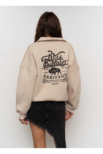 MAİ COLLECTİON Mcllctn Wild Bufallo Beige Unisex Oversize Sweatshirt