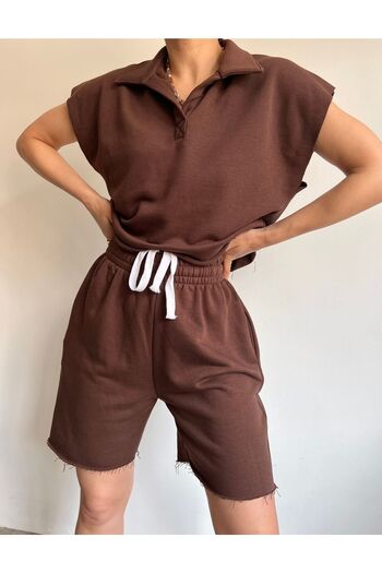 MAİ COLLECTİON Mai Polo Collar Brown Shorts Set