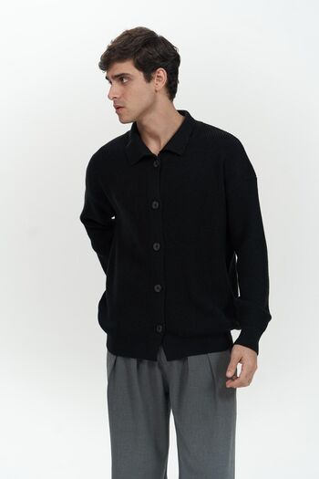 MAİ COLLECTİON Bastian Button Detail Black Men's Knitwear Cardigan