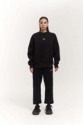 MAİ COLLECTİON Romana Crew Neck Black Tracksuit Set