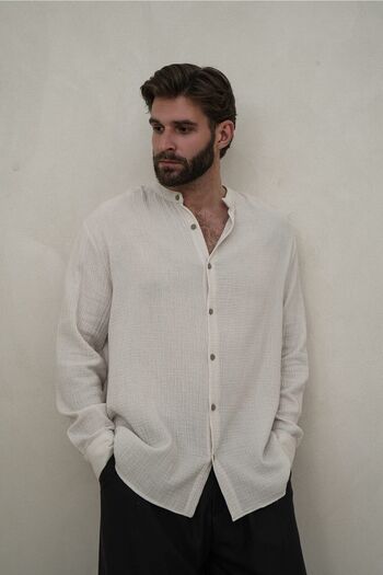 BOHEMAİ Owen Men's Oversize Judge Collar Light Beige Muslin Shirt