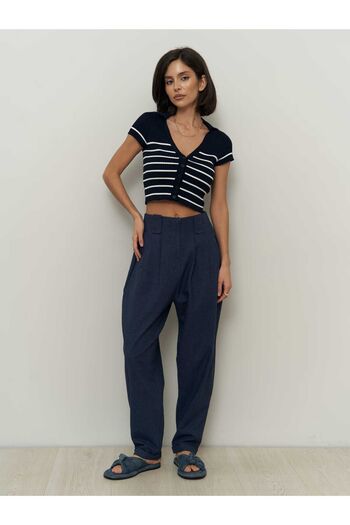 BOHEMAİ Carrot Navy Blue Linen Trousers