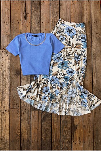 tülaybutik Women's Summer Floral Ruffle Skirt Product Length 80 cm